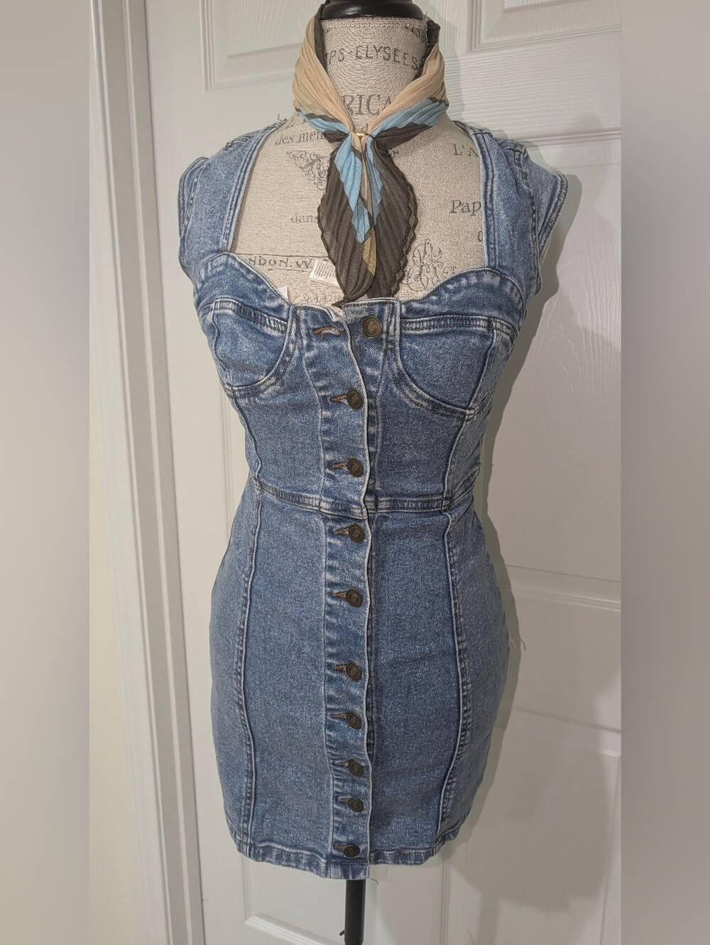 Denim Button-Front Mini Dress - Blue Size Small